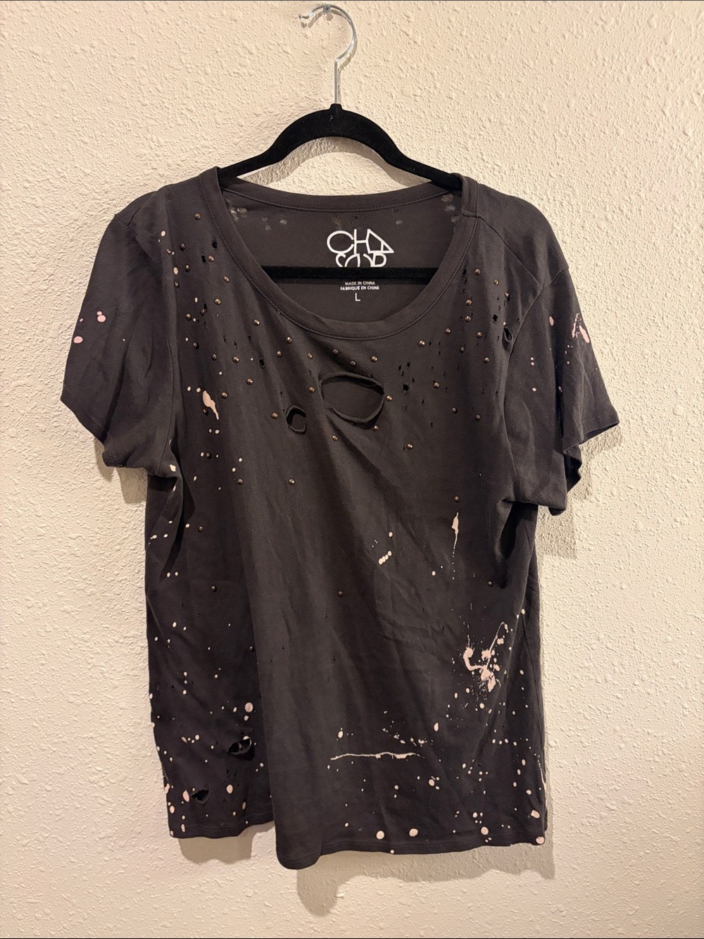 CHD & Co Distressed Black Short-Sleeve Tee with Pink Splatter